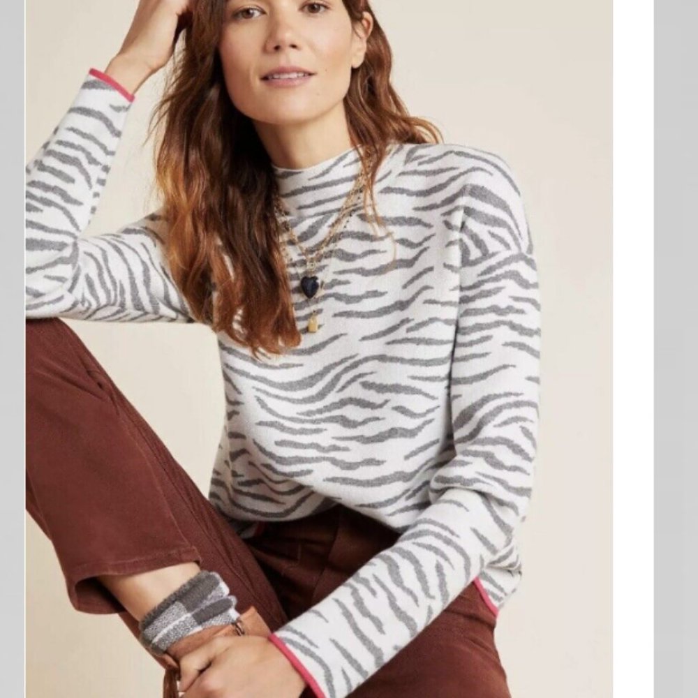 Anthropologie Lizzie Mock Neck Sweater Zebra Animal Print XS